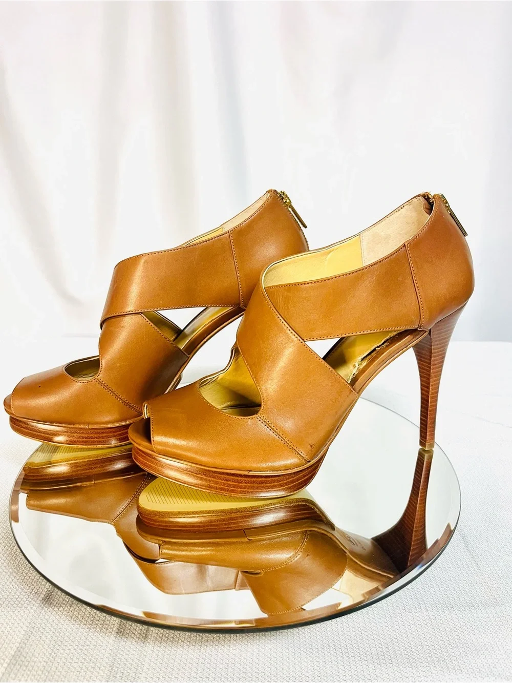 Michael Kors Cognac Peekaboo Toe Platform Stilettos with Zipper Back - 9.5M